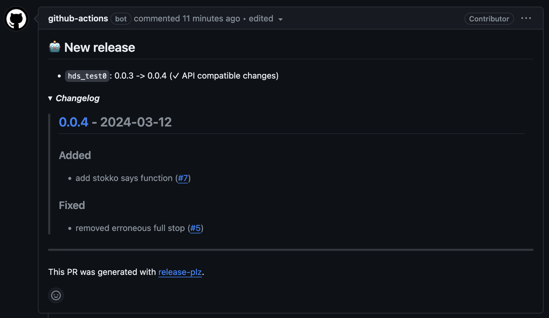 Screenshot of a GitHub Pull Request description. It specifies that the crate hds_test0 will go from version 0.0.3 to 0.0.4 and provides a list of changes of which there are 2.
