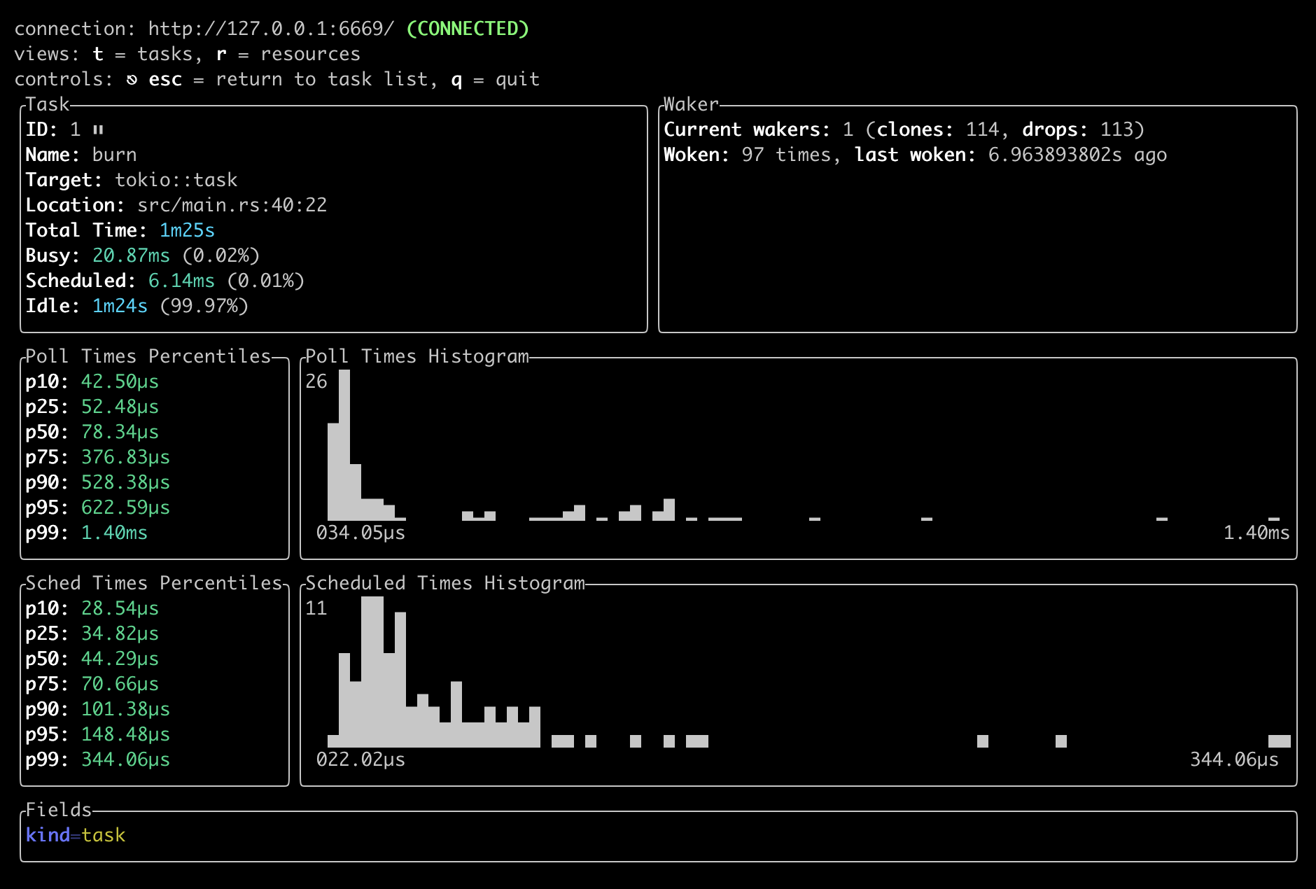 Screenshot of tokio-console displaying the task details for the burn task in the app example.