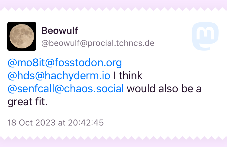 @mo8it@fosstodon.org @hds@hachyderm.io I think @senfcall@chaos.social would also be a great fit.